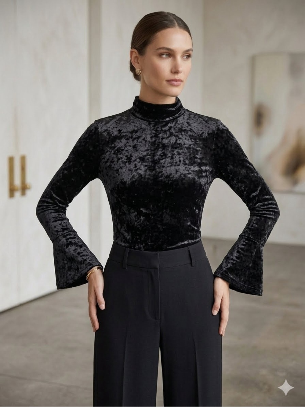 NWT Parker NY Crushed Velvet Bell Sleeve Mock Neck Keyhole Top Black Size S